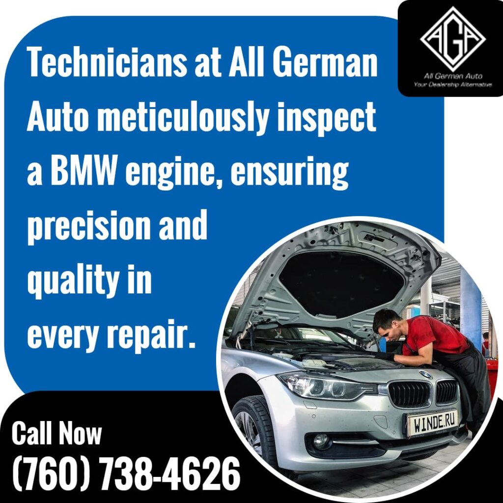 All German Auto technician inspecting a BMW engine during a repair service.