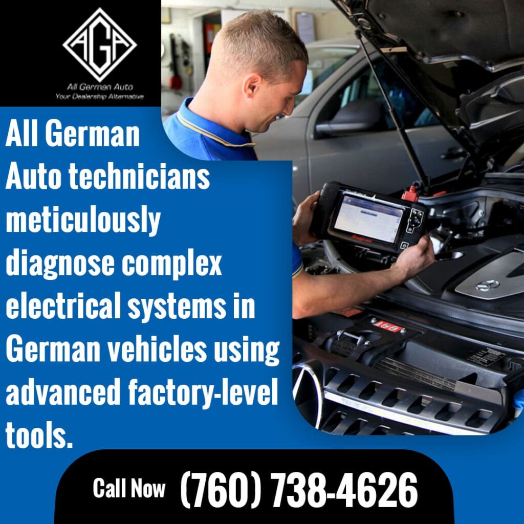 All German Auto technician diagnosing a complex electrical system in a German vehicle using advanced factory-level tools.