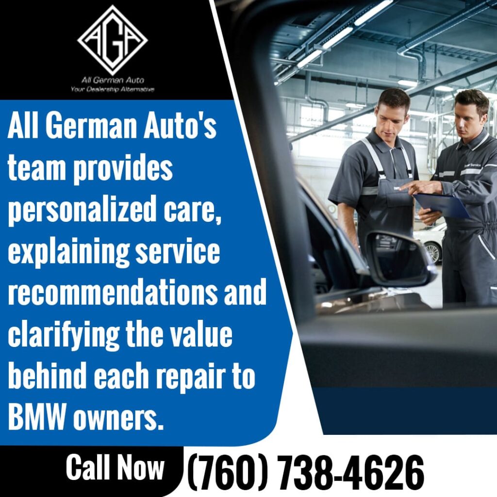 BMW owners receiving personalized service and repair explanations from All German Auto technicians.
