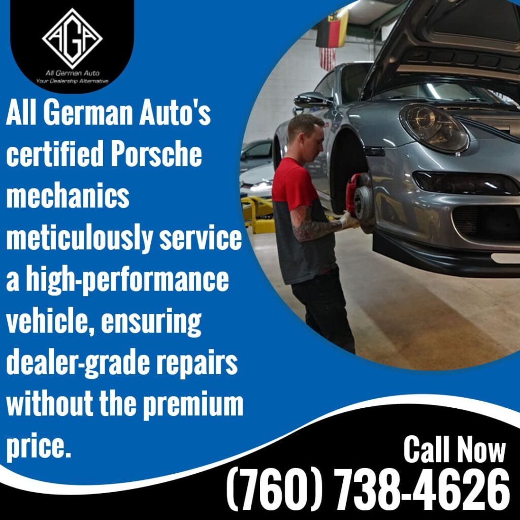 Certified Porsche mechanic at All German Auto servicing a high-performance vehicle, offering dealer-grade repairs.