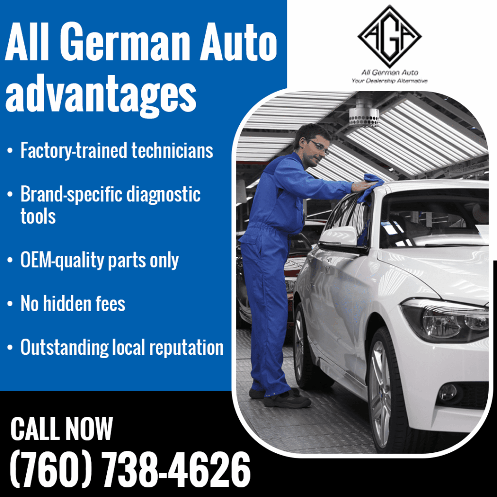 A technician cleaning a white BMW, promoting All German Auto's advantages, including factory-trained technicians, brand-specific diagnostic tools, and OEM-quality parts.