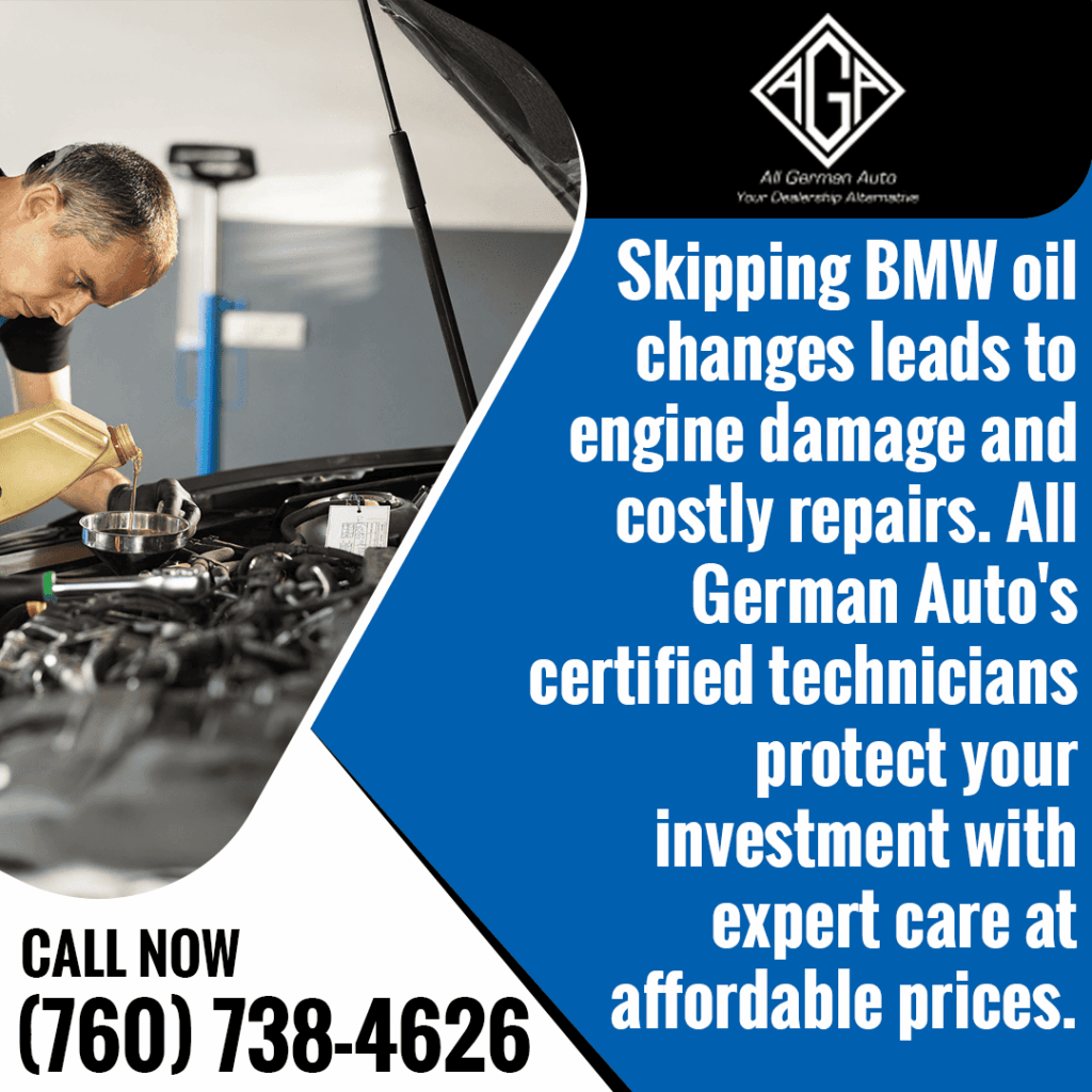 A technician pouring oil into a BMW engine, emphasizing the importance of regular oil changes to prevent engine damage and costly repairs at All German Auto.