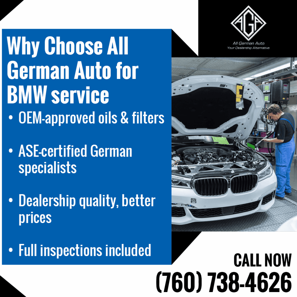 A white BMW with its hood open, highlighting All German Auto's services, including OEM-approved parts, certified German specialists, and dealership-quality service at better prices.
