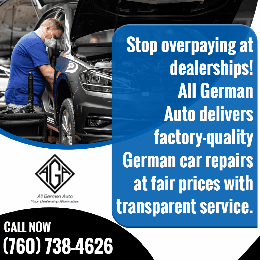 A technician working on a gray German car, illustrating All German Auto's transparent service and fair prices for factory-quality German car repairs.
