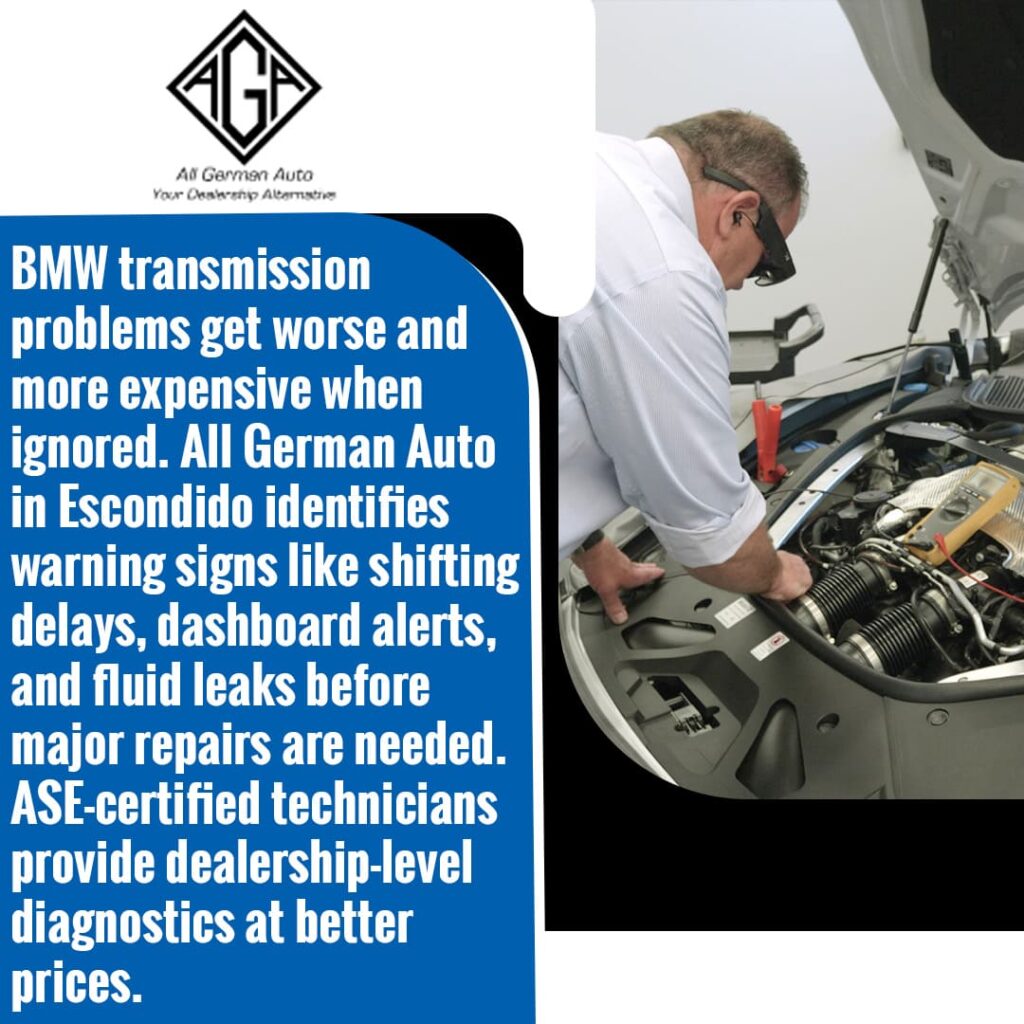 A qualified technician diagnosing a BMW engine to prevent minor transmission problems from becoming expensive, highlighting dealership-level service at better prices.