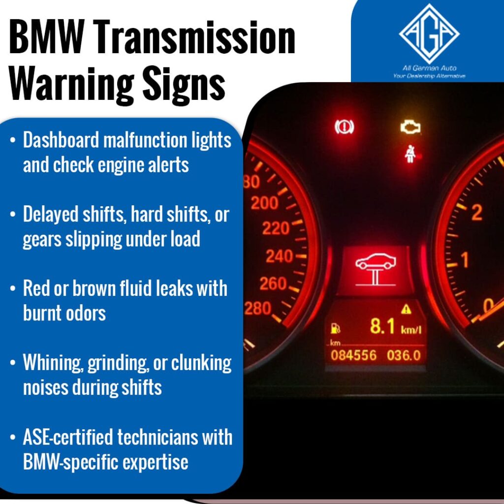 A graphic detailing common BMW transmission warning signs, such as dashboard malfunction lights and fluid leaks, from All German Auto in Escondido.