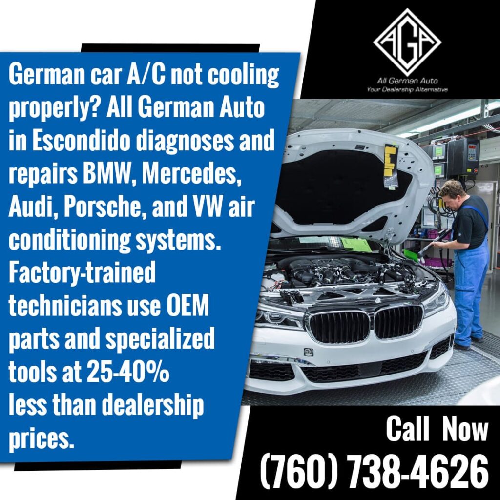An expert technician at All German Auto repairing a BMW's air conditioning system, showcasing their service for BMW, Mercedes, Audi, Porsche, and VW in Escondido.
