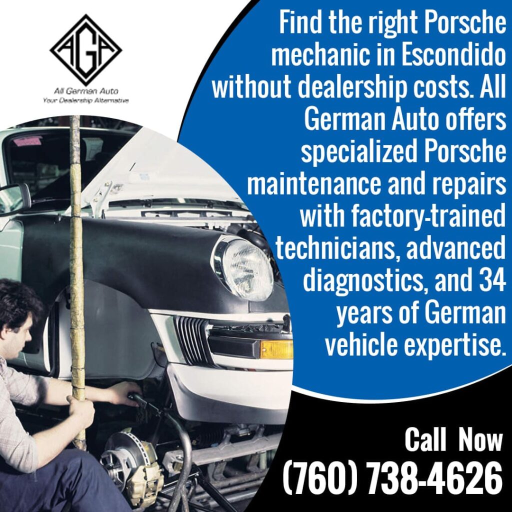 A specialized Porsche mechanic at All German Auto in Escondido performing maintenance on a vehicle, highlighting an affordable dealership alternative.
