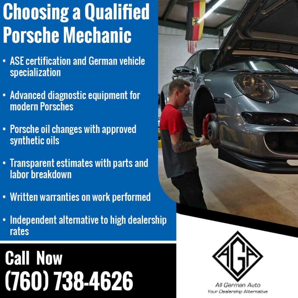 A list of criteria for choosing a qualified Porsche mechanic, including ASE certification, advanced diagnostics, and written warranties offered by All German Auto.