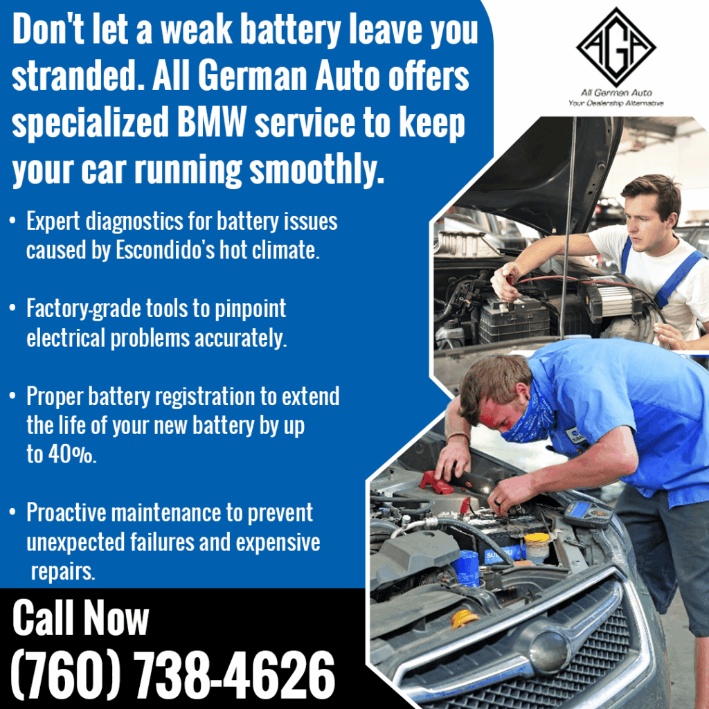 All German Auto performing a BMW electrical and battery diagnostic in Escondido to prevent breakdowns caused by local heat and ensure performance.