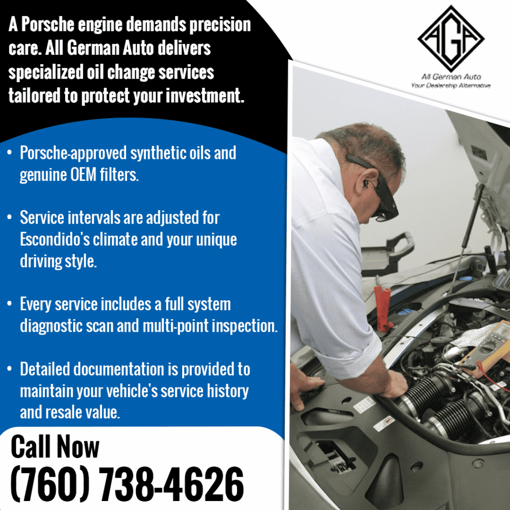 Porsche engine specialized oil change service at All German Auto. Includes Porsche-approved synthetic oils, genuine OEM filters, diagnostic scan, and service history documentation.