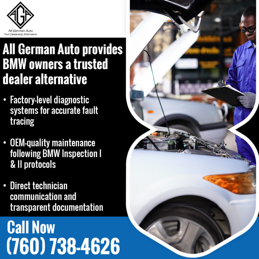Technician performing diagnostic inspection and maintenance on a BMW vehicle at a German auto repair shop