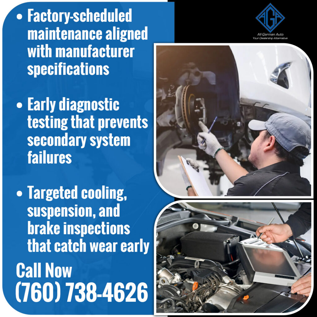 Technician performing brake inspection and engine diagnostics on a German vehicle during routine maintenance