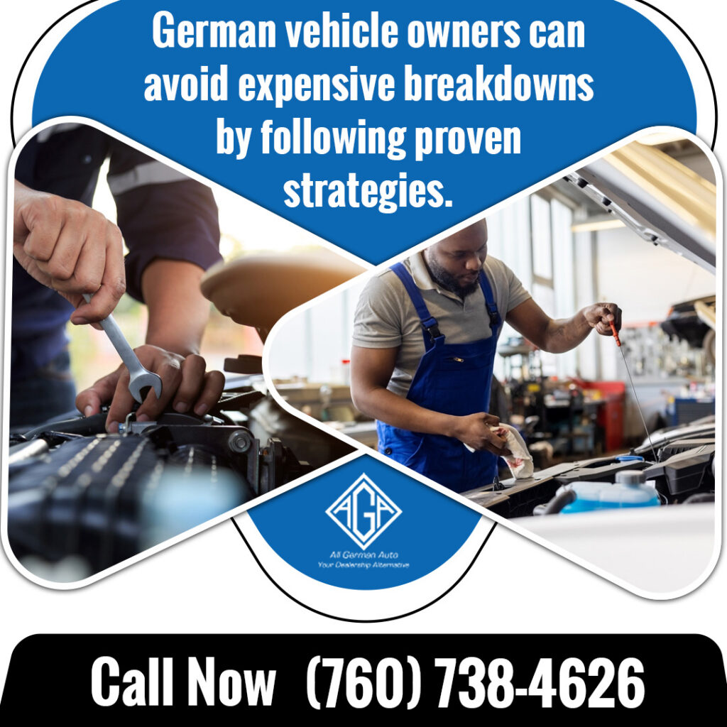 Technicians performing routine engine maintenance and inspection on German vehicles at an auto repair shop