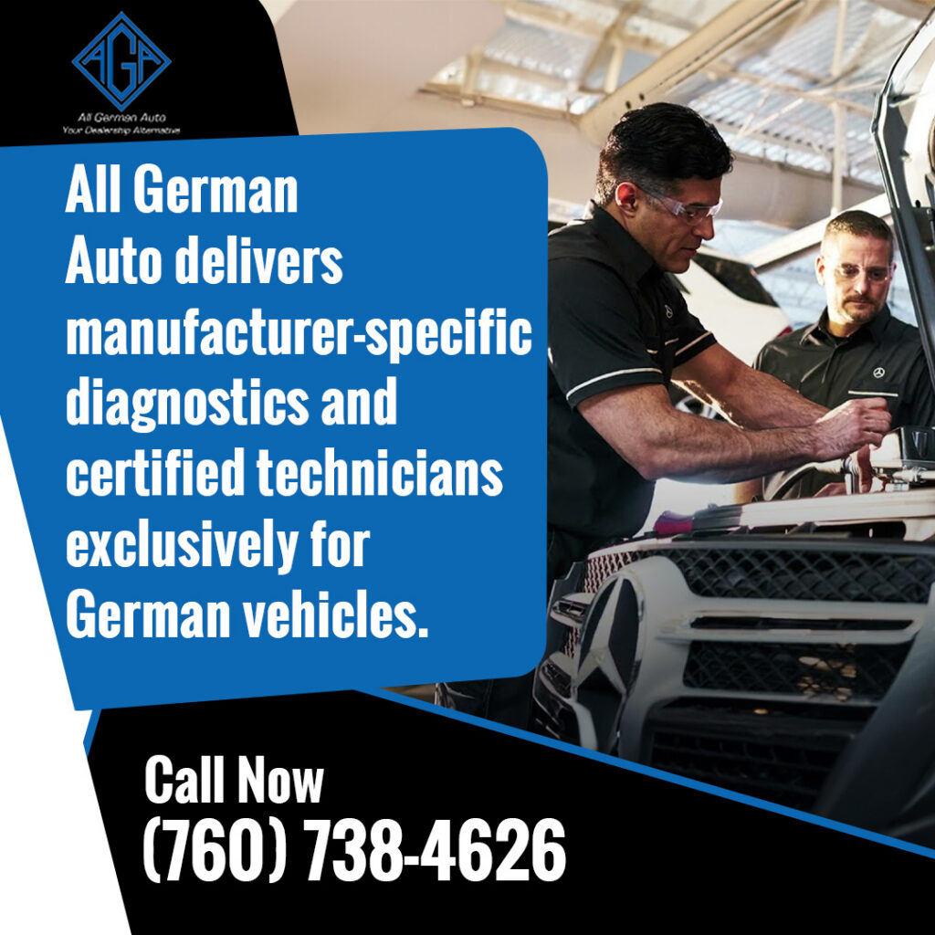 Technicians performing manufacturer-specific diagnostics on a Mercedes vehicle at a German auto repair shop