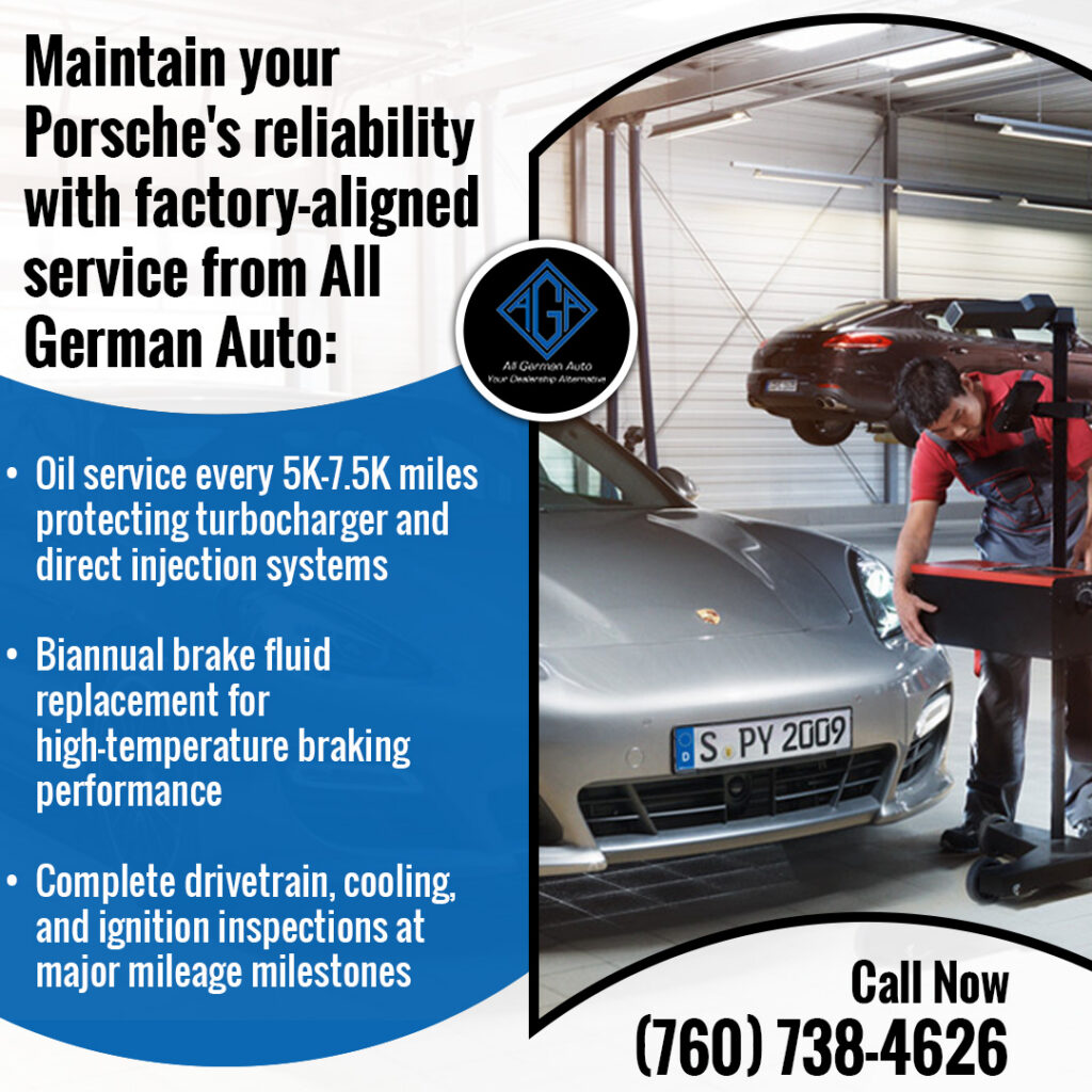 Technician performing Porsche maintenance including oil service and inspection at a German auto repair shop