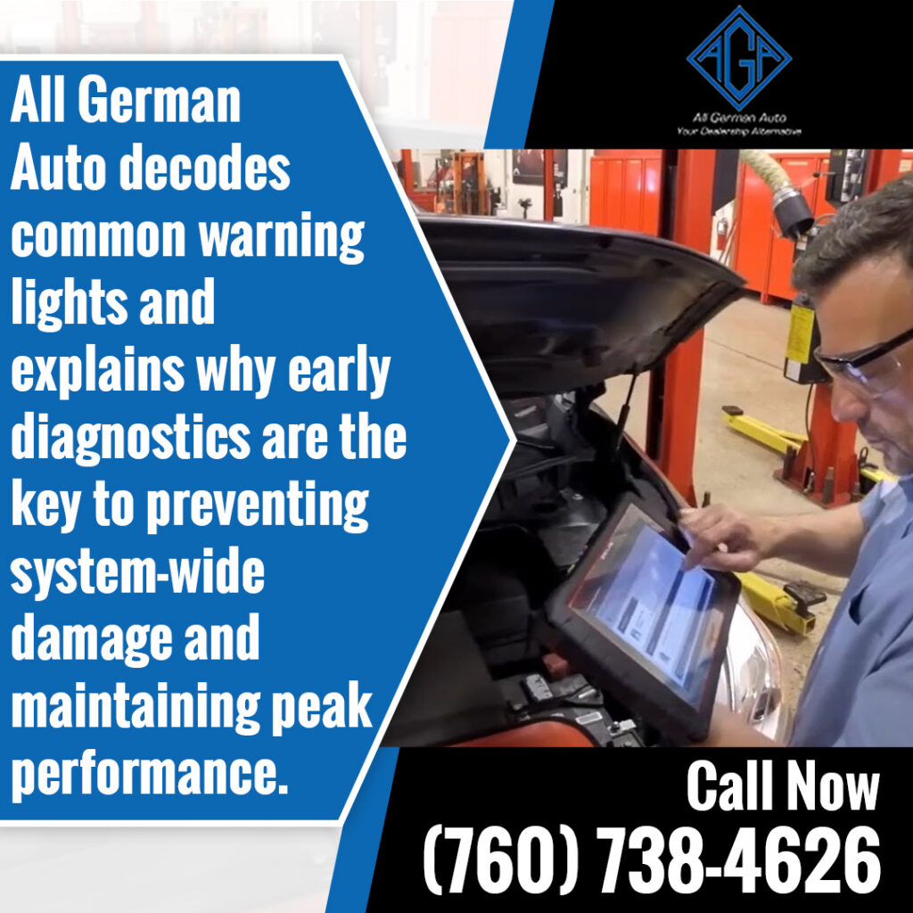 BMW dashboard warning lights displayed on the instrument cluster, highlighting the need for accurate diagnostics at All German Auto to identify sensor, brake, tire-pressure, and engine-related faults early.