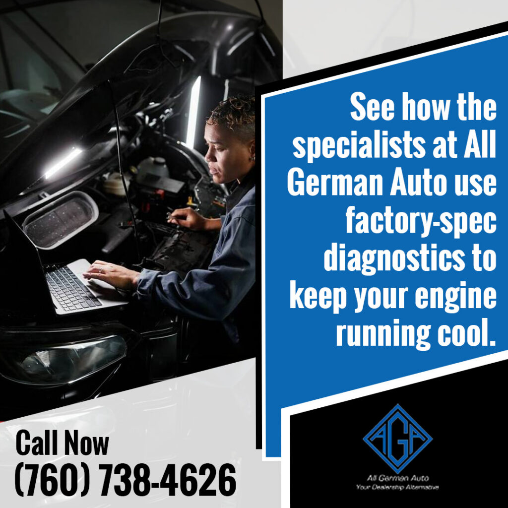 Technician using factory-spec diagnostic equipment on a vehicle at All German Auto to diagnose engine cooling issues