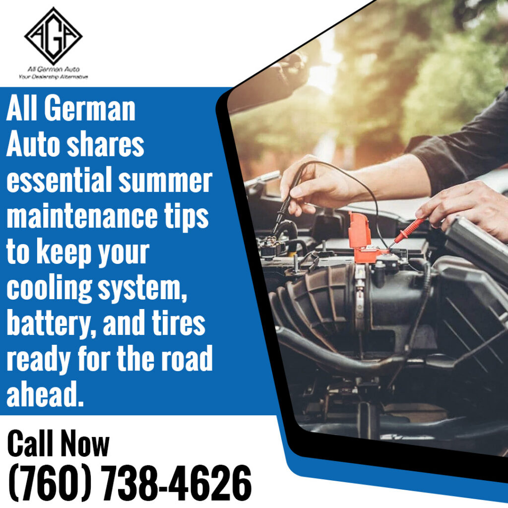 Technician testing components under the bonnet during a summer vehicle maintenance check at All German Auto, focusing on cooling system, battery, and overall road-trip readiness.