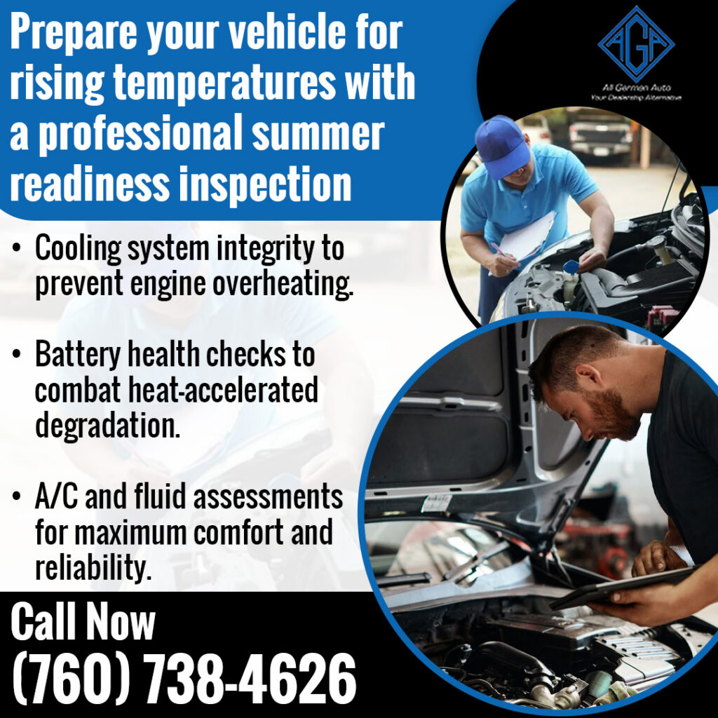 Technicians performing a summer readiness inspection at All German Auto, checking the cooling system, battery health, air conditioning, and fluids to help prevent overheating and warm-weather breakdowns.