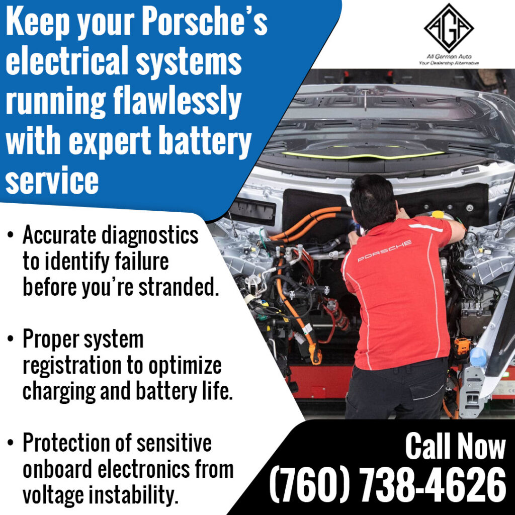 Technician servicing a Porsche electrical system during battery diagnostics and registration at All German Auto to help optimize charging, protect onboard electronics, and extend battery life.