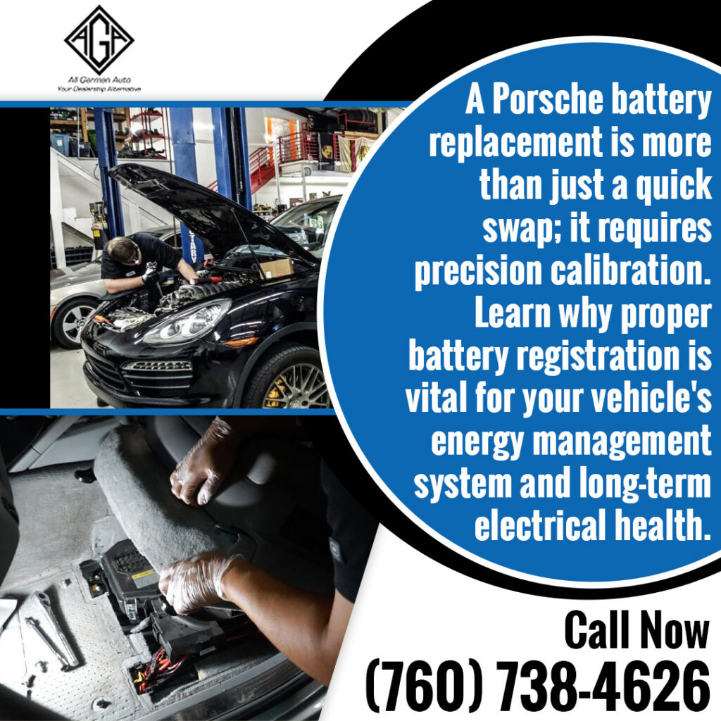 Technician performing Porsche battery replacement and registration service at All German Auto, including battery access and system calibration to support long-term electrical performance.